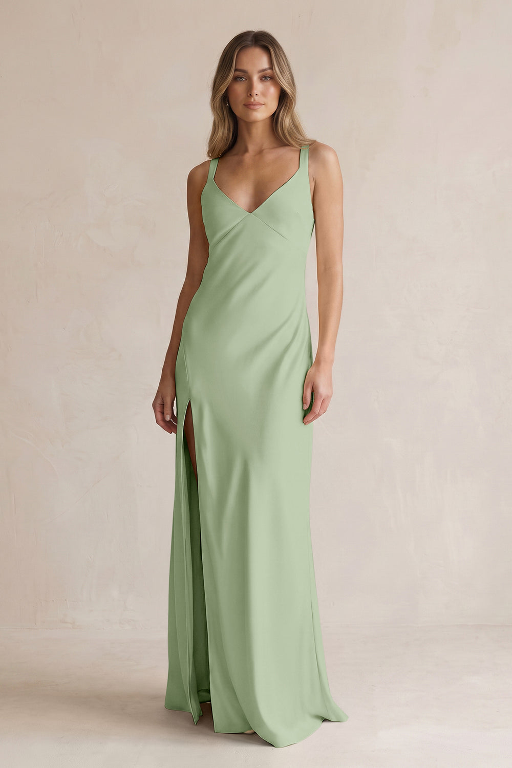 V-Neck Sheath Satin Bridesmaid Dress With Slit in Sage