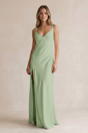 V-Neck Sheath Satin Bridesmaid Dress With Slit in Sage | KISSBRIDAL