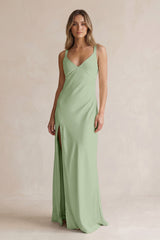 V-Neck Sheath Satin Bridesmaid Dress With Slit in Sage | KISSBRIDAL