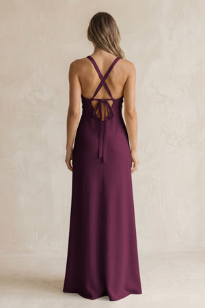 V-Neck Sheath Satin Bridesmaid Dress With Slit in Sangria (2) | KISSBRIDAL
