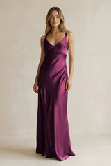 V - Neck Sheath Satin Bridesmaid Dress With Slit in Sangria - KISS BRIDAL Bridesmaid Dresses