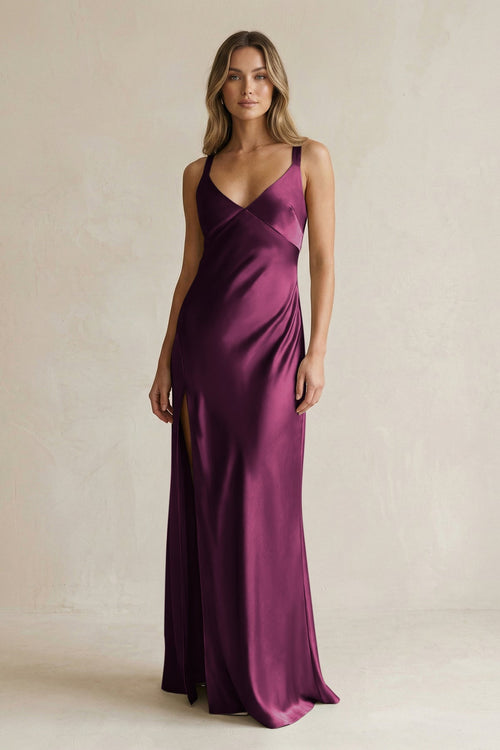 V - Neck Sheath Satin Bridesmaid Dress With Slit in Sangria - KISS BRIDAL Bridesmaid Dresses