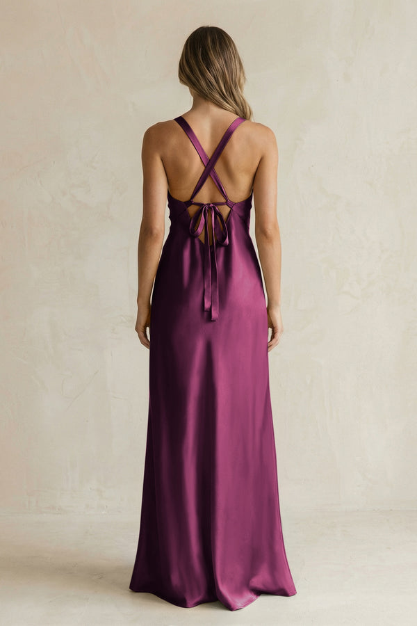 V - Neck Sheath Satin Bridesmaid Dress With Slit in Sangria - KISS BRIDAL Bridesmaid Dresses