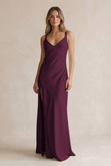 V-Neck Sheath Satin Bridesmaid Dress With Slit in Sangria | KISSBRIDAL