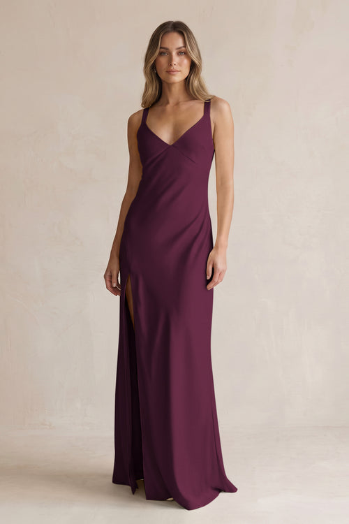 V-Neck Sheath Satin Bridesmaid Dress With Slit in Sangria | KISSBRIDAL