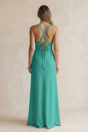 V-Neck Sheath Satin Bridesmaid Dress With Slit in Sea Glass (2) | KISSBRIDAL