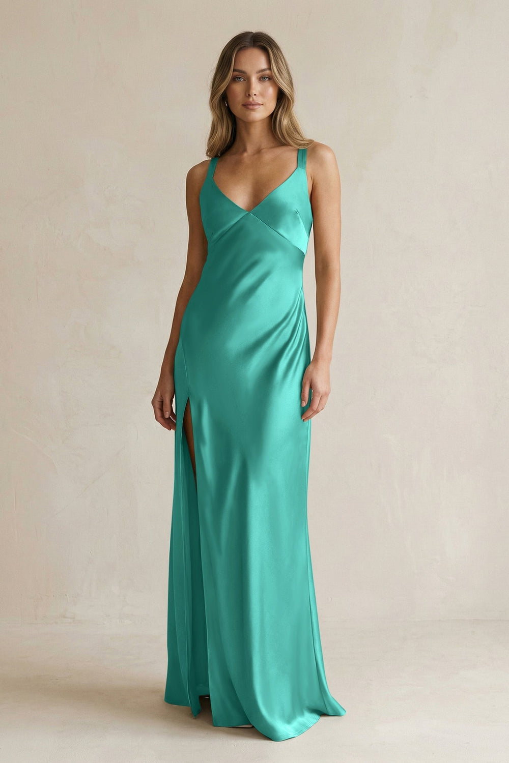 V - Neck Sheath Satin Bridesmaid Dress With Slit in Sea Glass - KISS BRIDAL Bridesmaid Dresses