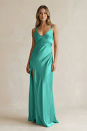 V - Neck Sheath Satin Bridesmaid Dress With Slit in Sea Glass - KISS BRIDAL Bridesmaid Dresses