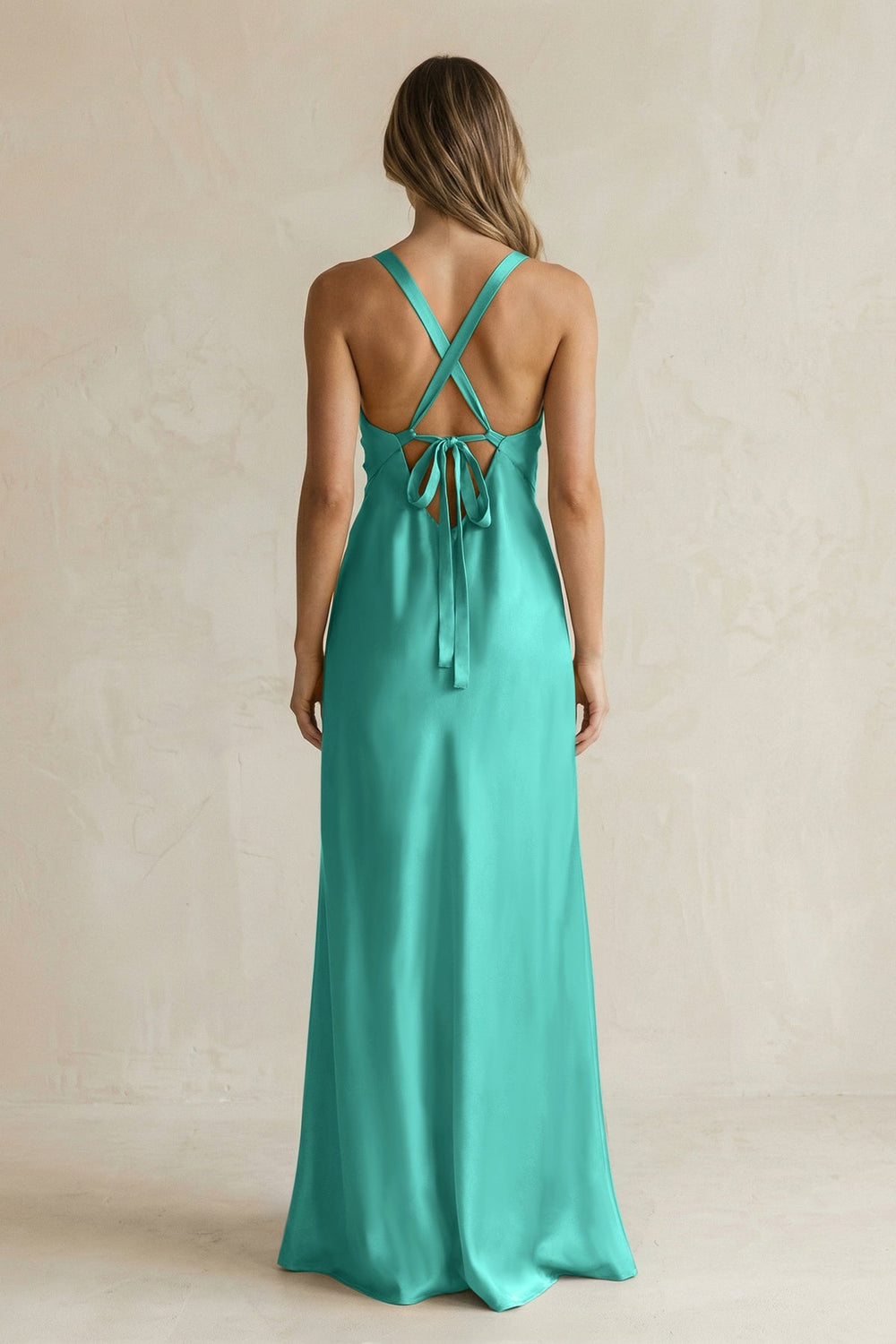 V - Neck Sheath Satin Bridesmaid Dress With Slit in Sea Glass - KISS BRIDAL Bridesmaid Dresses