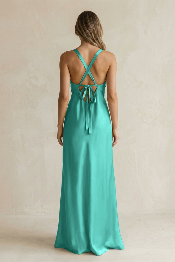 V - Neck Sheath Satin Bridesmaid Dress With Slit in Sea Glass - KISS BRIDAL Bridesmaid Dresses