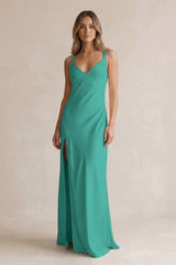 V-Neck Sheath Satin Bridesmaid Dress With Slit in Sea Glass | KISSBRIDAL