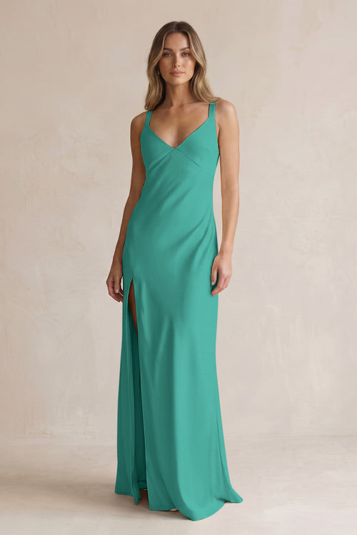 V-Neck Sheath Satin Bridesmaid Dress With Slit in Sea Glass | KISSBRIDAL