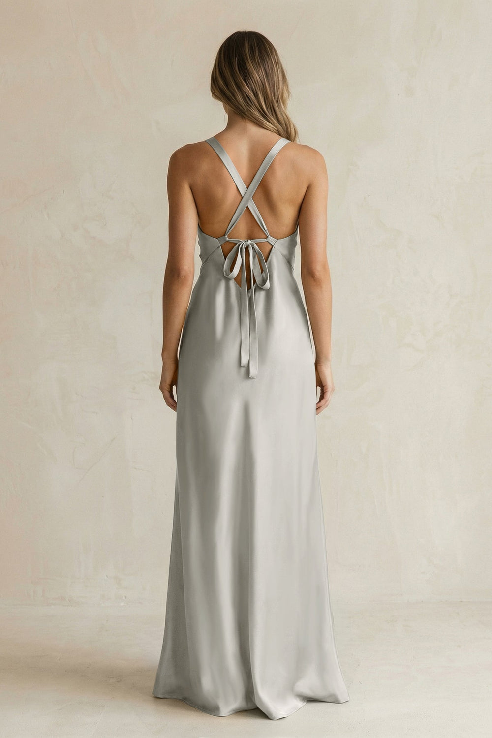 V - Neck Sheath Satin Bridesmaid Dress With Slit in Silver - KISS BRIDAL Bridesmaid Dresses