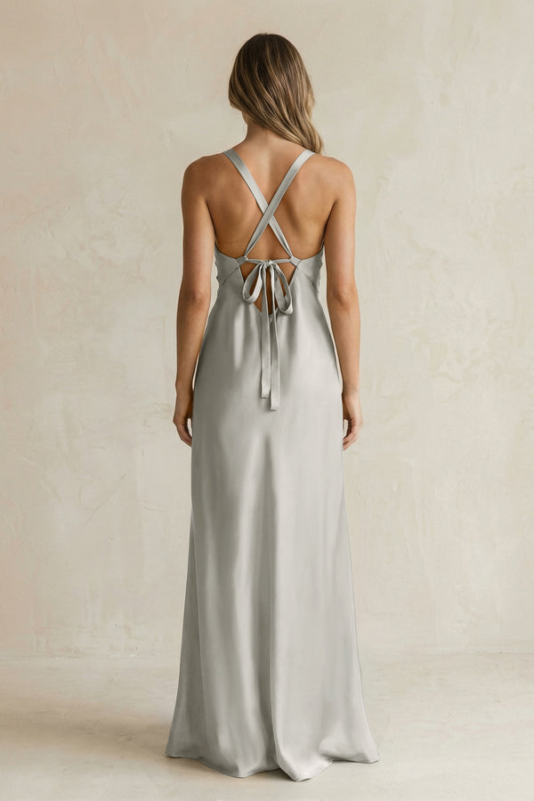V - Neck Sheath Satin Bridesmaid Dress With Slit in Silver - KISS BRIDAL Bridesmaid Dresses