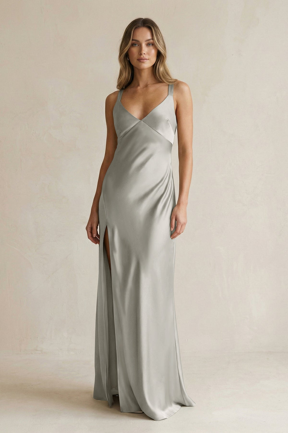 V - Neck Sheath Satin Bridesmaid Dress With Slit in Silver - KISS BRIDAL Bridesmaid Dresses