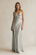 V - Neck Sheath Satin Bridesmaid Dress With Slit in Silver - KISS BRIDAL Bridesmaid Dresses