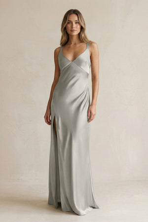 V - Neck Sheath Satin Bridesmaid Dress With Slit in Silver - KISS BRIDAL Bridesmaid Dresses