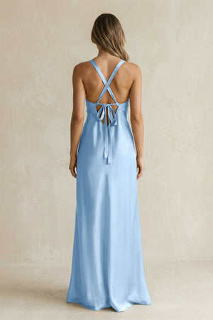 V - Neck Sheath Satin Bridesmaid Dress With Slit in Sky Blue - KISS BRIDAL Bridesmaid Dresses
