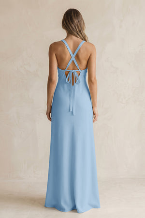 V-Neck Sheath Satin Bridesmaid Dress With Slit in Sky Blue (2) | KISSBRIDAL