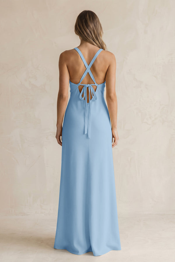 V-Neck Sheath Satin Bridesmaid Dress With Slit in Sky Blue (2) | KISSBRIDAL