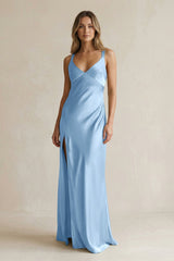 V - Neck Sheath Satin Bridesmaid Dress With Slit in Sky Blue - KISS BRIDAL Bridesmaid Dresses