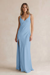 V-Neck Sheath Satin Bridesmaid Dress With Slit in Sky Blue | KISSBRIDAL