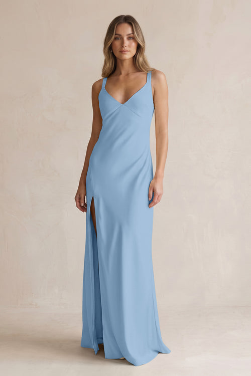 V-Neck Sheath Satin Bridesmaid Dress With Slit in Sky Blue | KISSBRIDAL