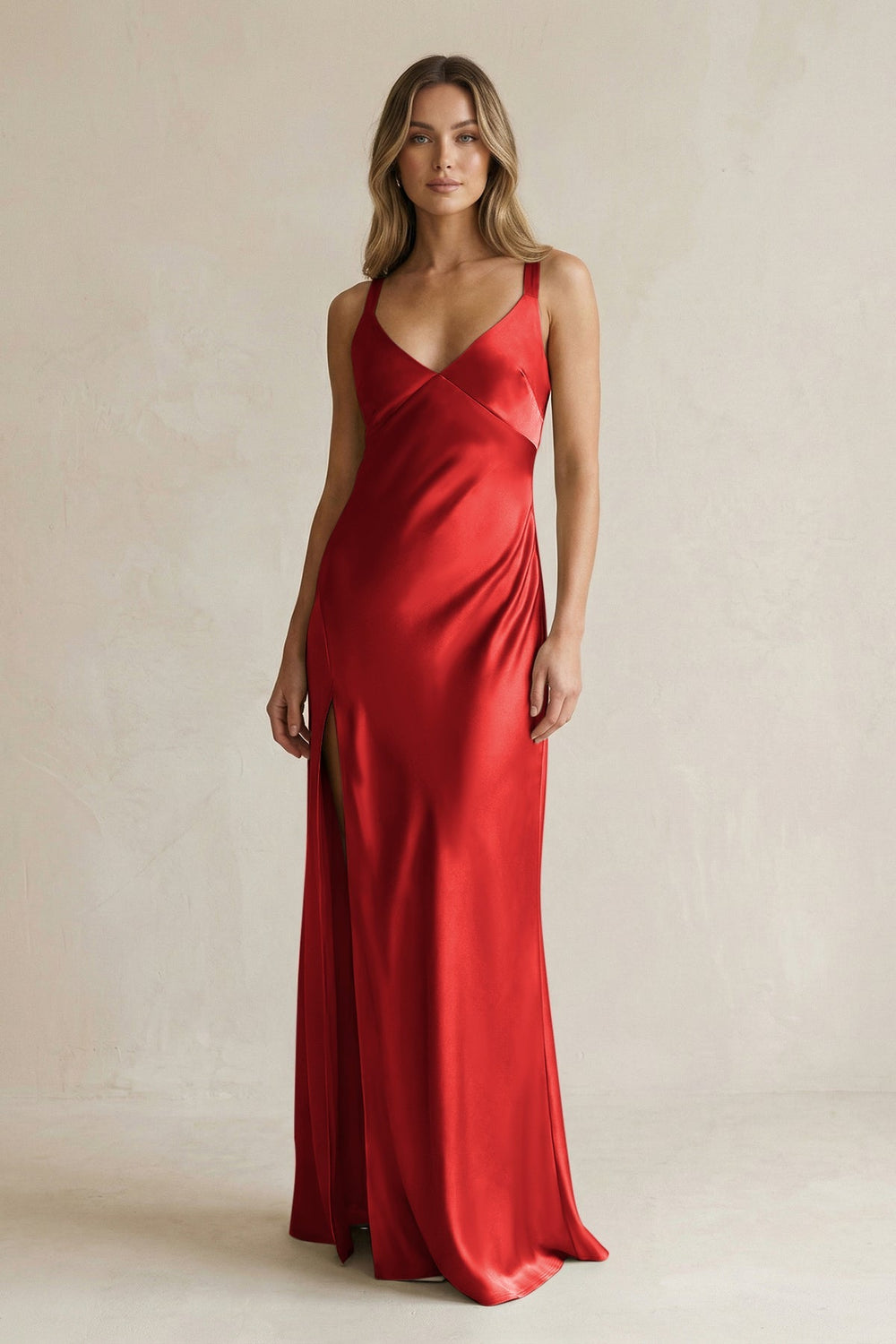 V - Neck Sheath Satin Bridesmaid Dress With Slit in Spice - KISS BRIDAL Bridesmaid Dresses