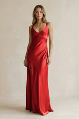 V - Neck Sheath Satin Bridesmaid Dress With Slit in Spice - KISS BRIDAL Bridesmaid Dresses