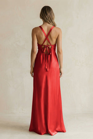 V - Neck Sheath Satin Bridesmaid Dress With Slit in Spice - KISS BRIDAL Bridesmaid Dresses