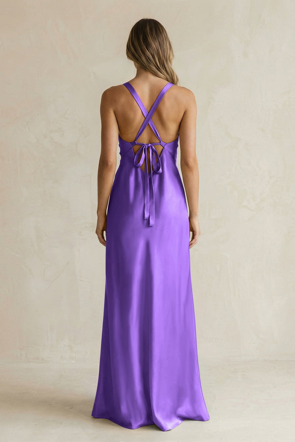 V - Neck Sheath Satin Bridesmaid Dress With Slit in Tahiti - KISS BRIDAL Bridesmaid Dresses