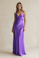 V - Neck Sheath Satin Bridesmaid Dress With Slit in Tahiti - KISS BRIDAL Bridesmaid Dresses