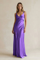 V - Neck Sheath Satin Bridesmaid Dress With Slit in Tahiti - KISS BRIDAL Bridesmaid Dresses