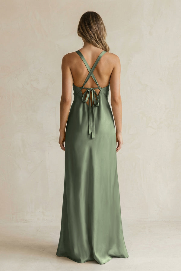 V - Neck Sheath Satin Bridesmaid Dress With Slit in Thyme - KISS BRIDAL Bridesmaid Dresses