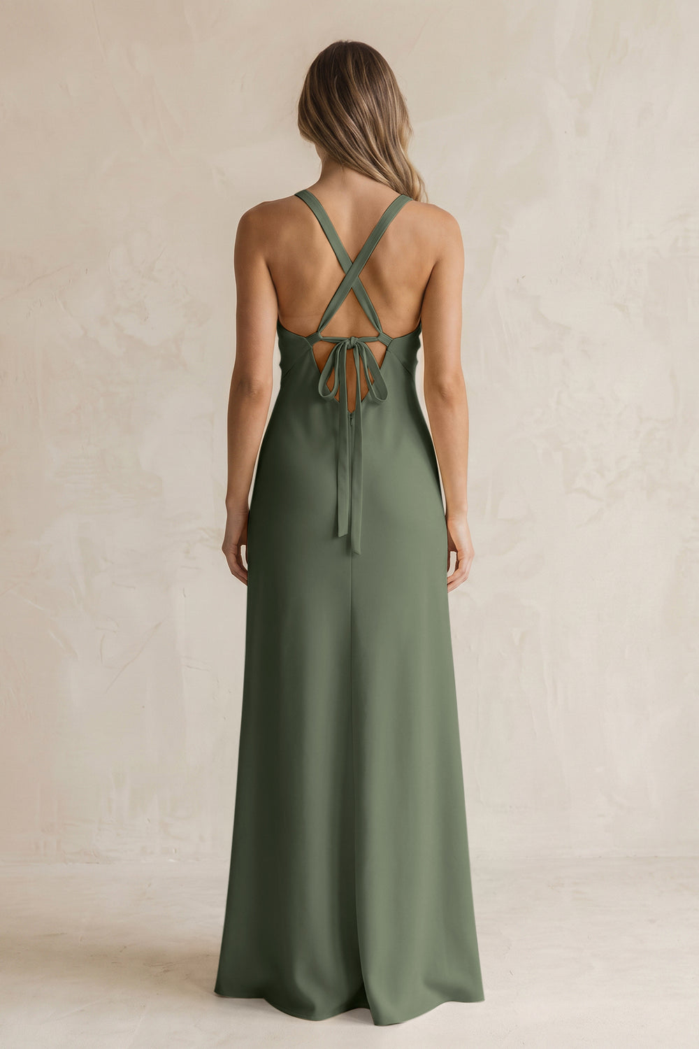 V-Neck Sheath Satin Bridesmaid Dress With Slit in Thyme