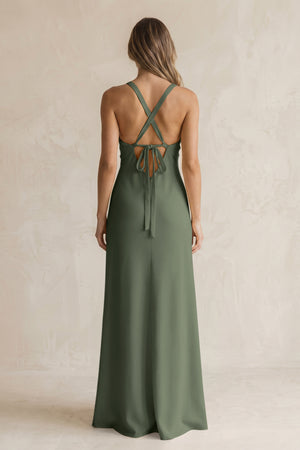 V-Neck Sheath Satin Bridesmaid Dress With Slit in Thyme (2) | KISSBRIDAL