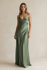 V - Neck Sheath Satin Bridesmaid Dress With Slit in Thyme - KISS BRIDAL Bridesmaid Dresses