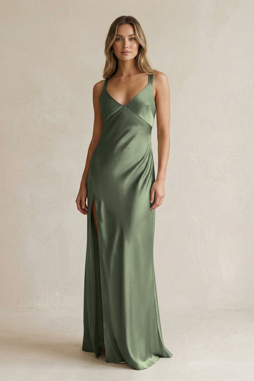 V - Neck Sheath Satin Bridesmaid Dress With Slit in Thyme - KISS BRIDAL Bridesmaid Dresses