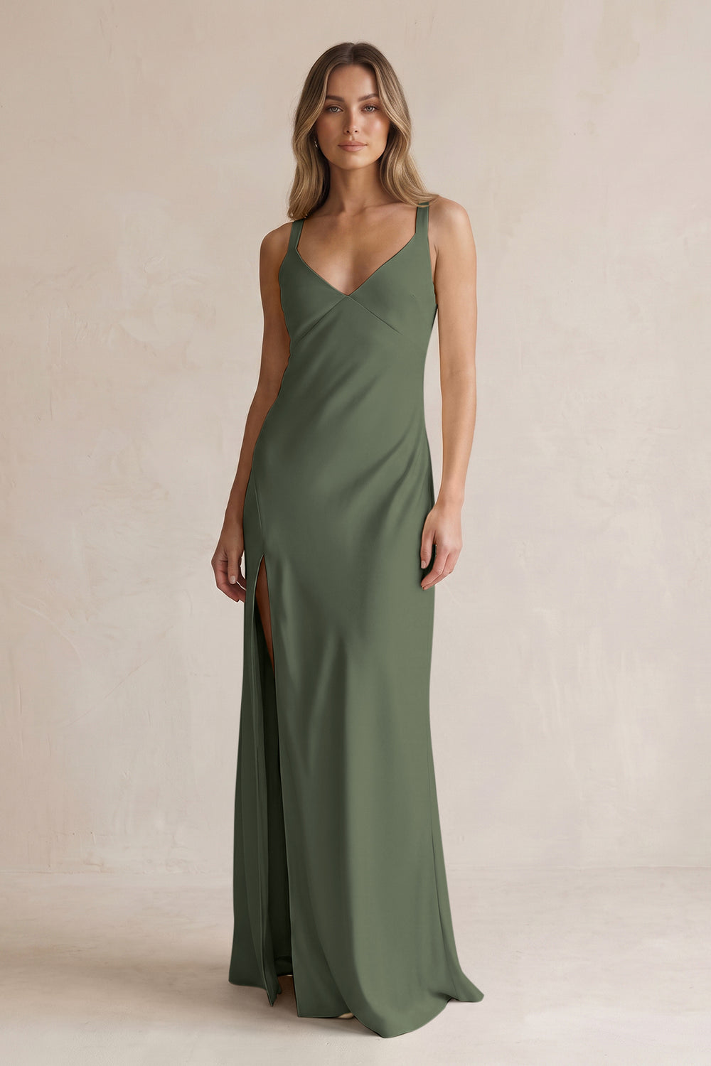 V-Neck Sheath Satin Bridesmaid Dress With Slit in Thyme