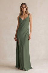 V-Neck Sheath Satin Bridesmaid Dress With Slit in Thyme | KISSBRIDAL