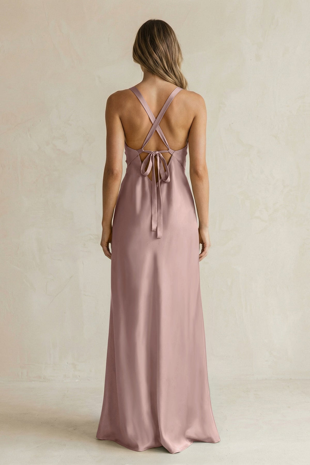 V - Neck Sheath Satin Bridesmaid Dress With Slit in Toffee - KISS BRIDAL Bridesmaid Dresses