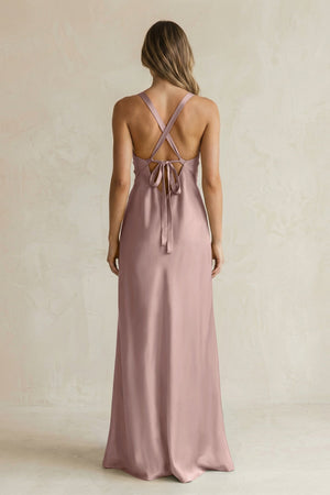 V - Neck Sheath Satin Bridesmaid Dress With Slit in Toffee - KISS BRIDAL Bridesmaid Dresses