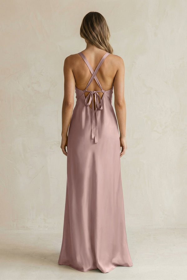 V - Neck Sheath Satin Bridesmaid Dress With Slit in Toffee - KISS BRIDAL Bridesmaid Dresses