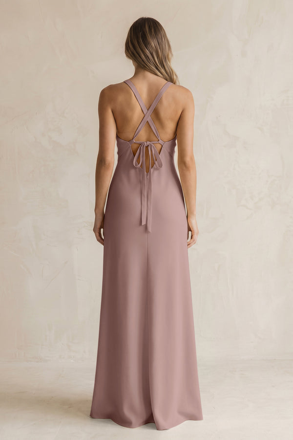 V-Neck Sheath Satin Bridesmaid Dress With Slit in Toffee (2) | KISSBRIDAL