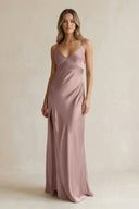 V - Neck Sheath Satin Bridesmaid Dress With Slit in Toffee - KISS BRIDAL Bridesmaid Dresses