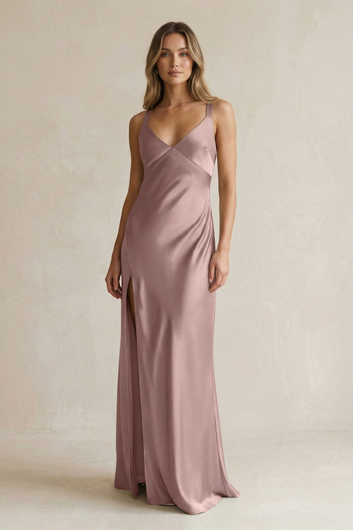 V - Neck Sheath Satin Bridesmaid Dress With Slit in Toffee - KISS BRIDAL Bridesmaid Dresses