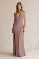 V-Neck Sheath Satin Bridesmaid Dress With Slit in Toffee | KISSBRIDAL