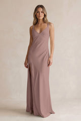V-Neck Sheath Satin Bridesmaid Dress With Slit in Toffee | KISSBRIDAL