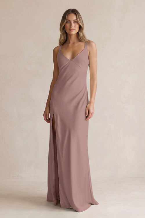 V-Neck Sheath Satin Bridesmaid Dress With Slit in Toffee | KISSBRIDAL