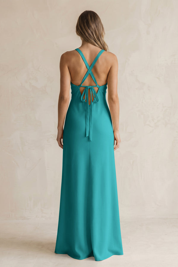 V-Neck Sheath Satin Bridesmaid Dress With Slit in Turquoise (2) | KISSBRIDAL